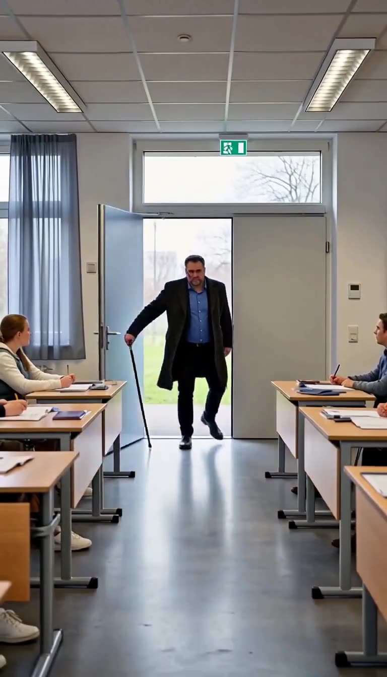 Thomas betritt energisch mit einem Gehstock das Schulzimmer