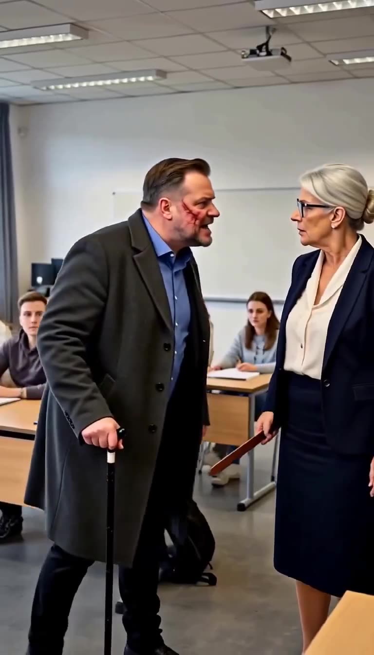 Ein verletzter, wütender Vater mit Gehstock konfrontiert die überraschte Lehrerin im Unterricht.