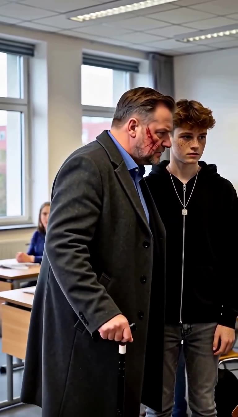 Thomas schiebt sich mit seinem Gehstock schützend vor Jonas im Klassenzimmer