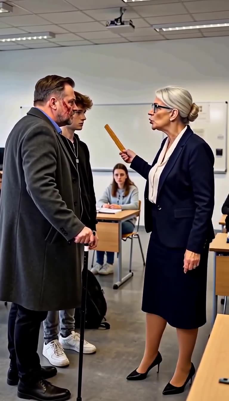 Renate deutet mit erhobenem Holzlineal fordernd auf die Klassenzimmertür