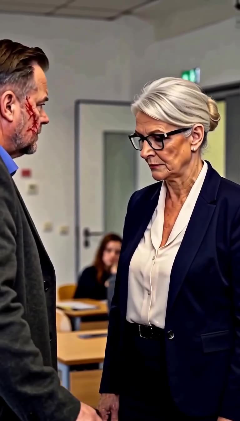 Lehrerin Renate senkt beschämt den Kopf vor dem entschlossenen Blick von Thomas.