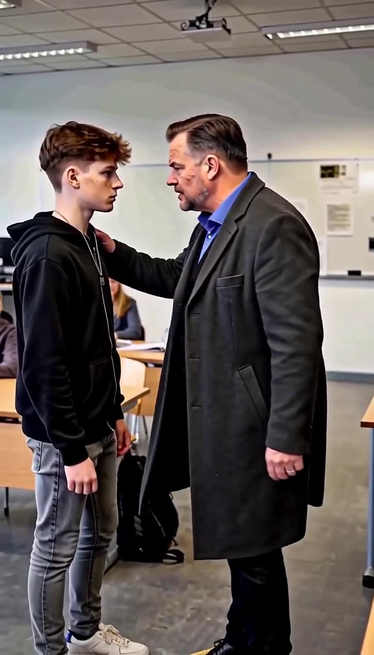 Thomas legt beschützend seine Hand auf die Schulter seines Sohnes Jonas im Klassenzimmer.