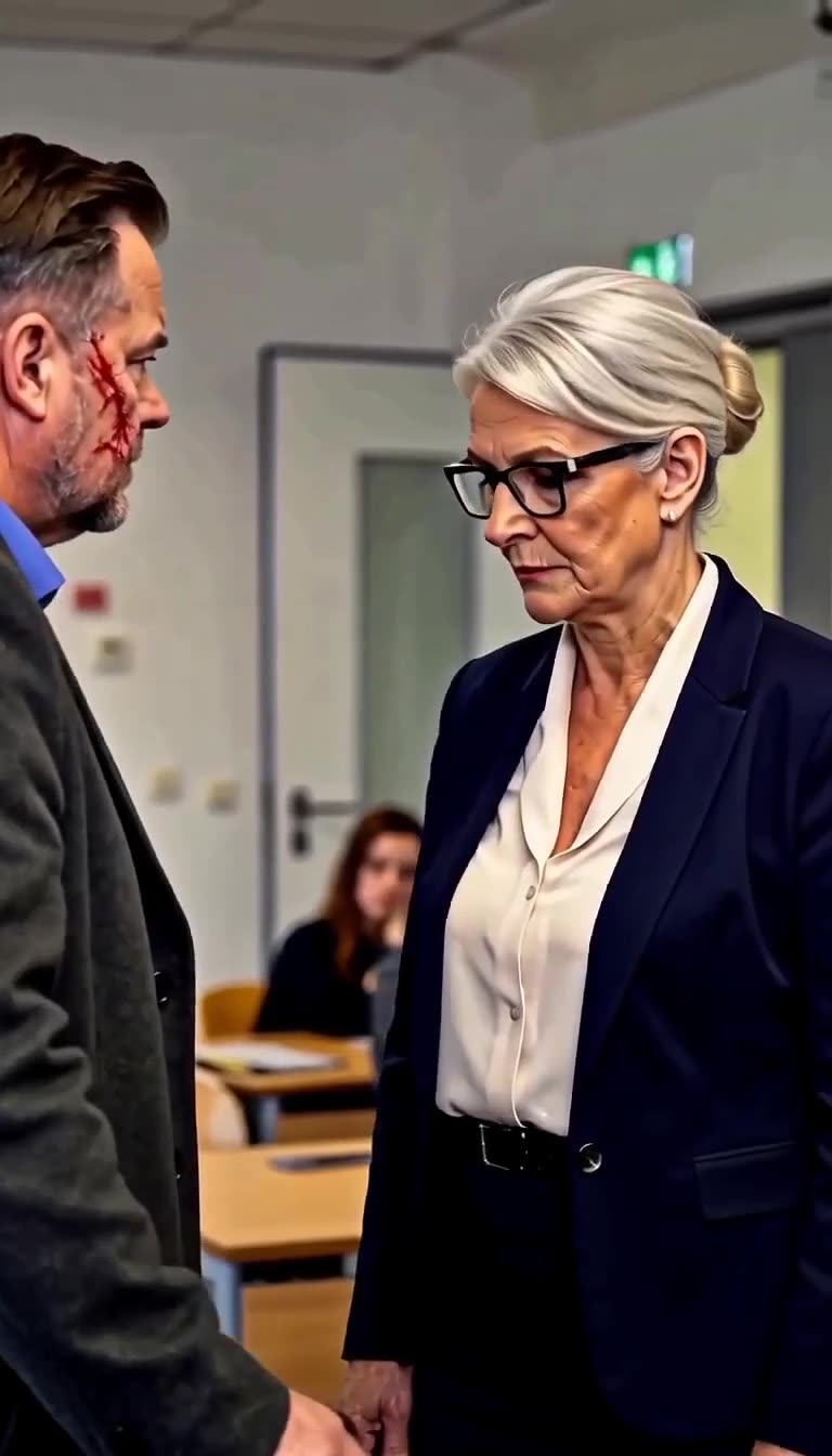 Die Lehrerin senkt beschämt den Blick vor dem überlegenen Vater