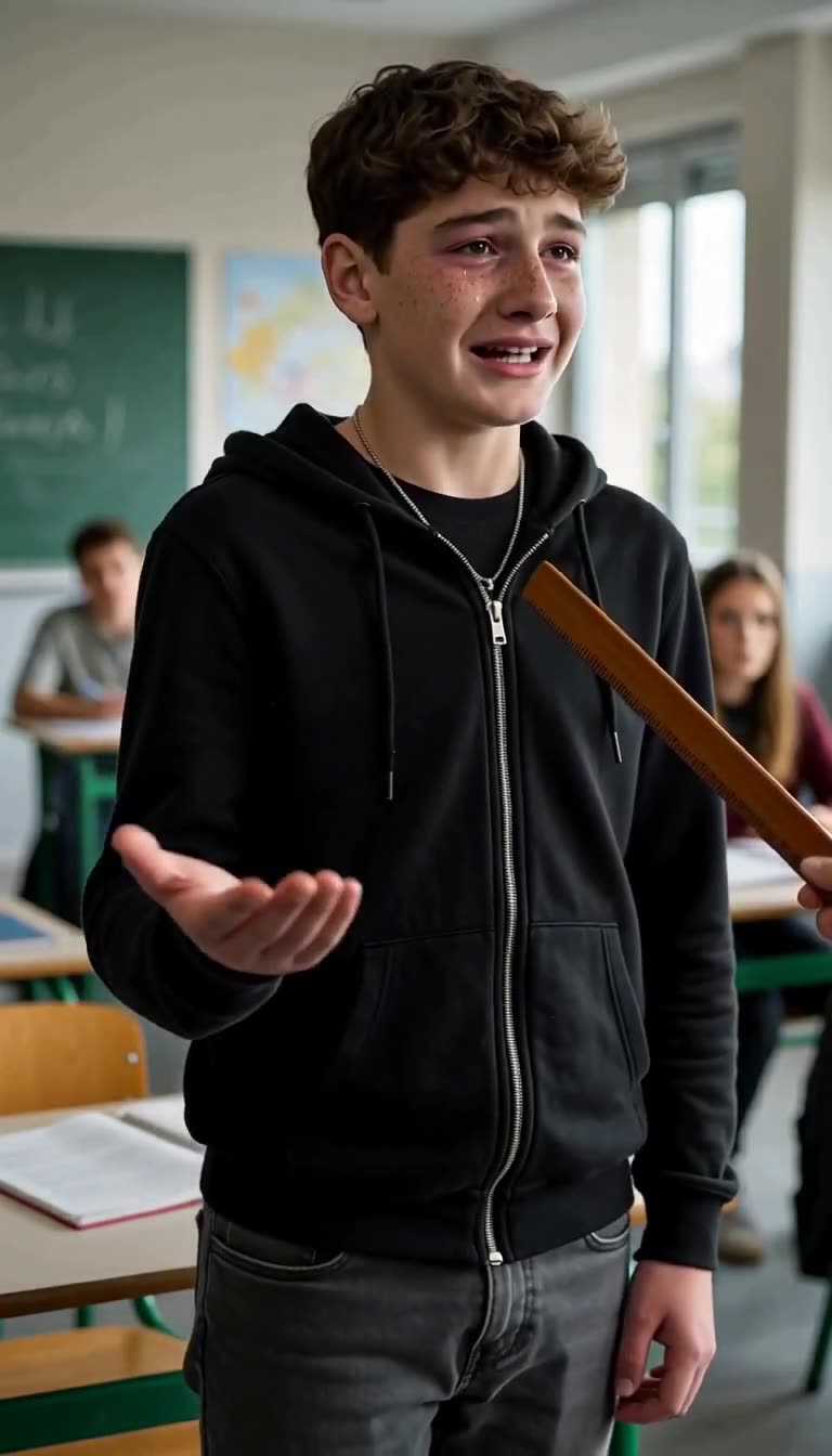 Lucas raises an open hand in tears, desperate to explain his family emergency.