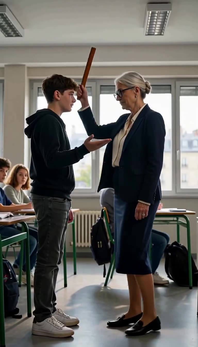 Monique raises the wooden ruler above Lucas's outstretched palm to deliver punishment.