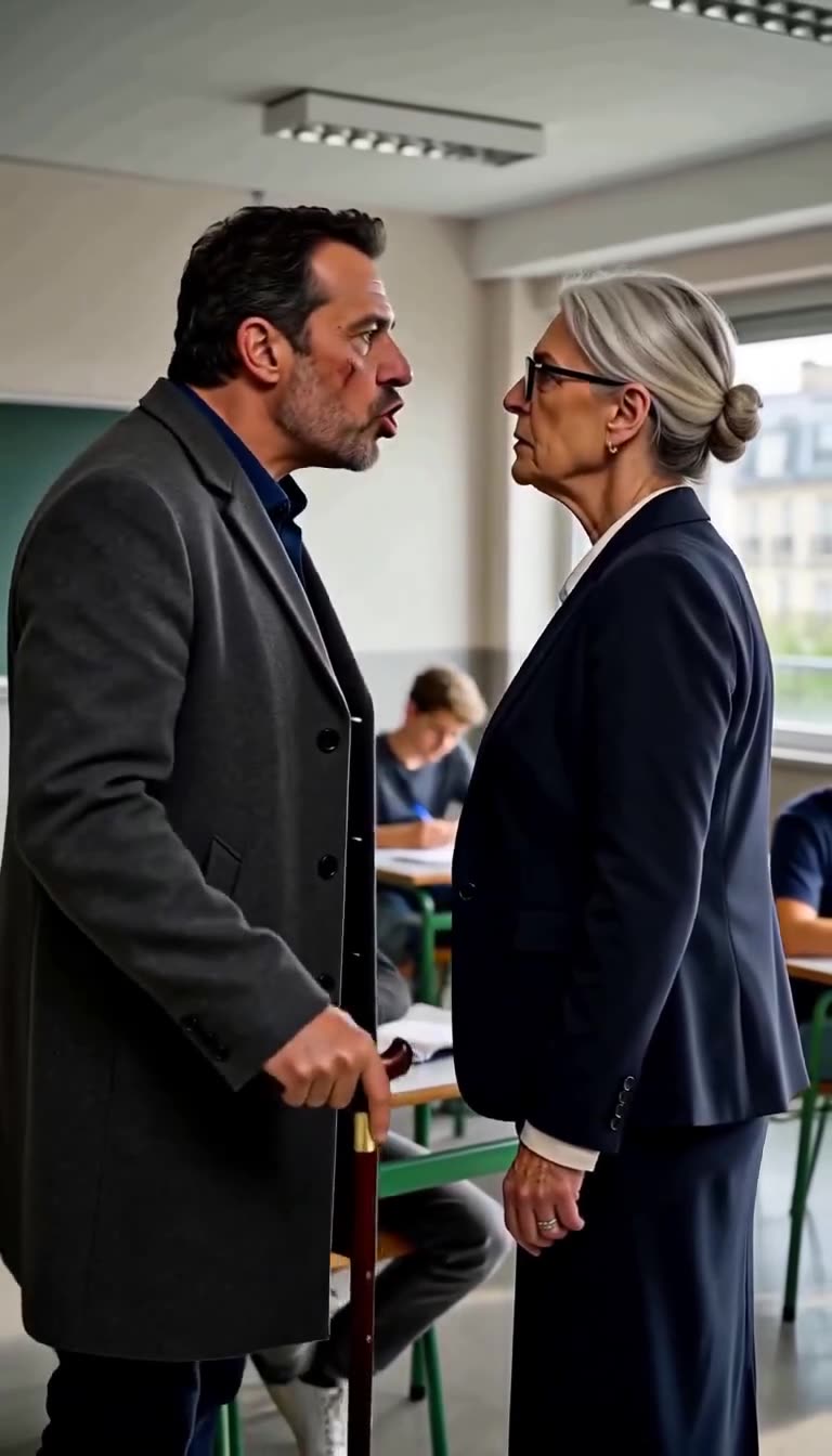 A man leans in furiously to confront the startled teacher face-to-face