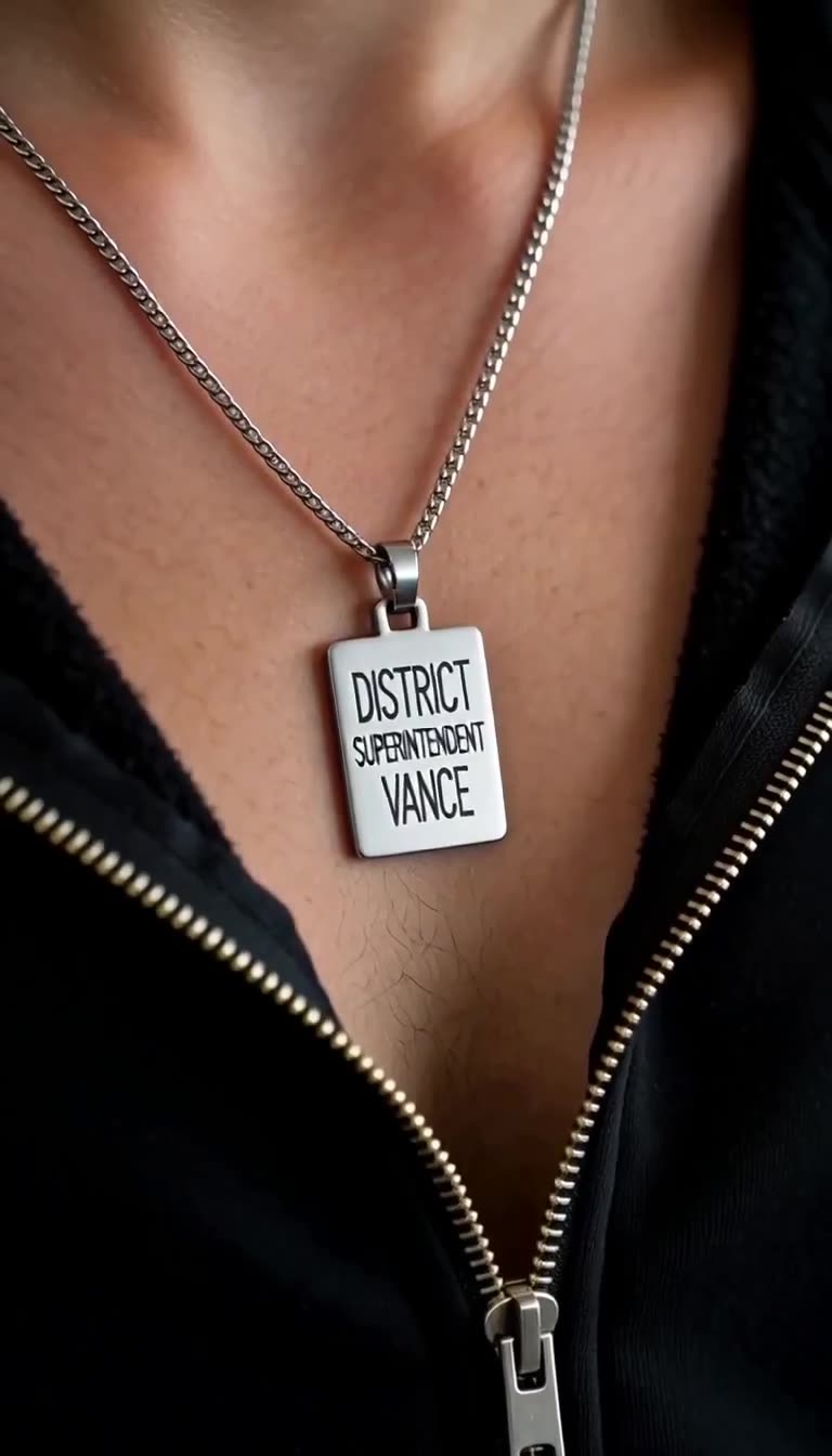 A close-up of a silver pendant necklace engraved with the words District Superintendent Vance