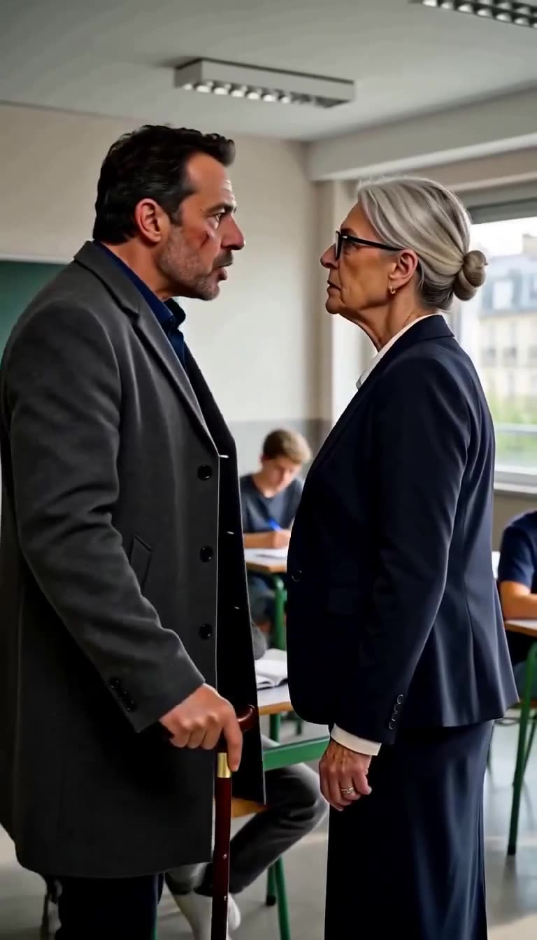 An imposing superintendent confronts the stunned female teacher face-to-face inside the classroom
