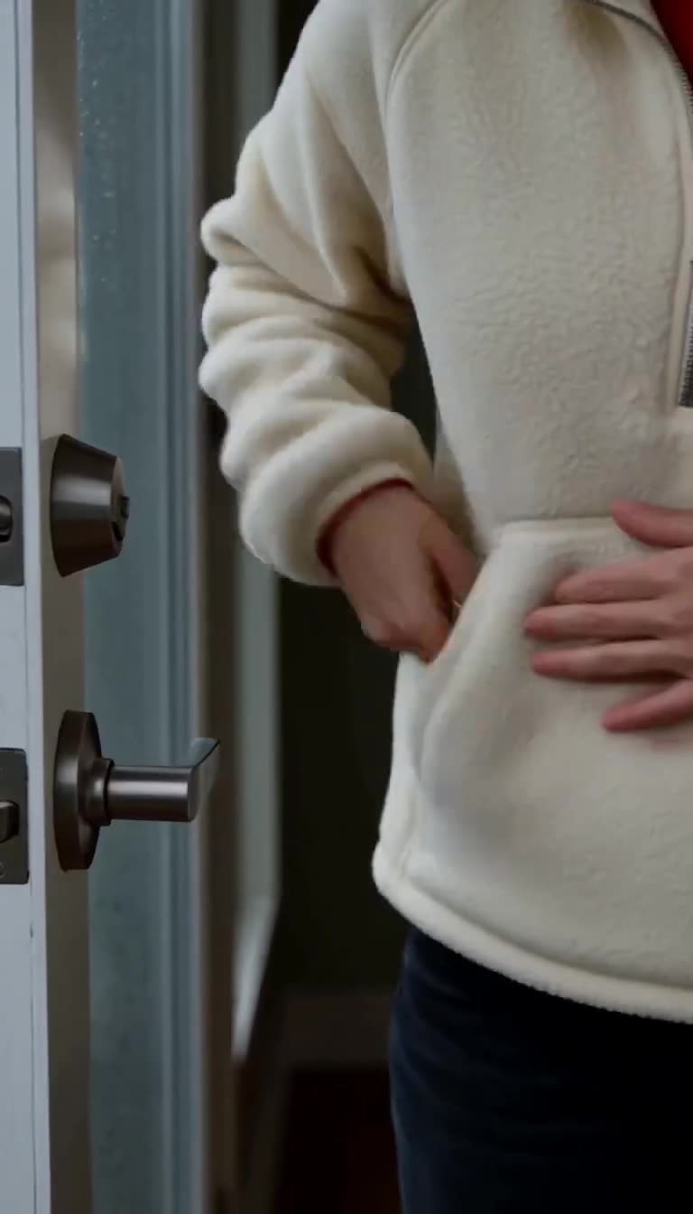 Chloe shoves the brass key into her fleece pocket after locking the patio door shut.