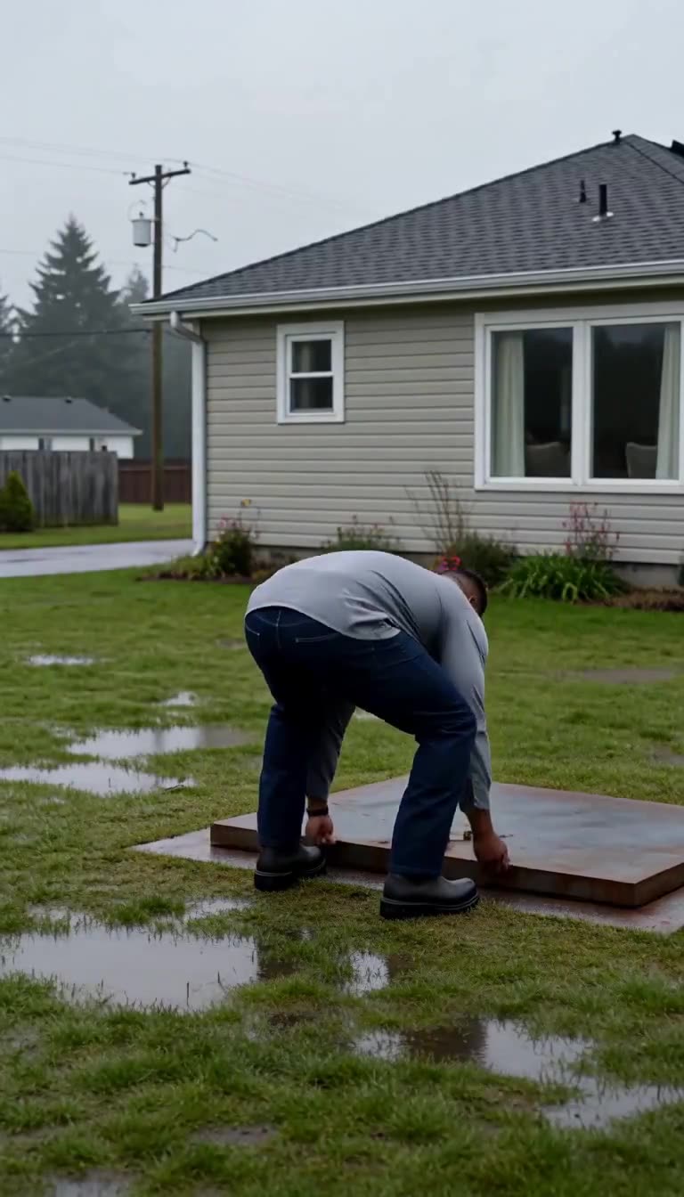 Marcus bends over in the rain to pry open a heavy steel underground bunker hatch on the lawn.