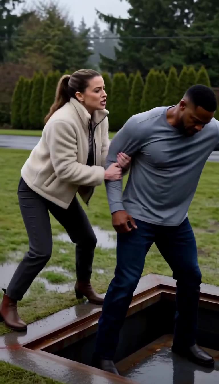 Chloe urgently grabbing Marcus's arm to pull him into the underground shelter