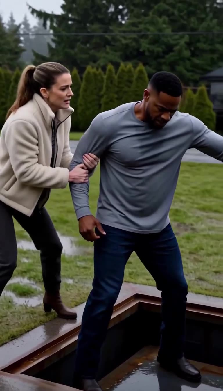 David hauling himself up from the underground bunker opening while Amanda grips his arm.