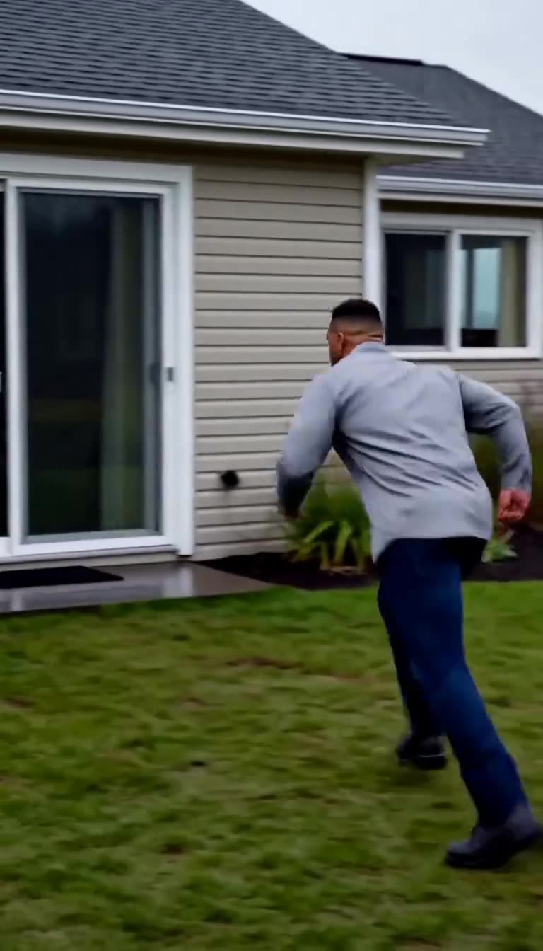 Marcus sprints across the wet grass toward the locked sliding patio door