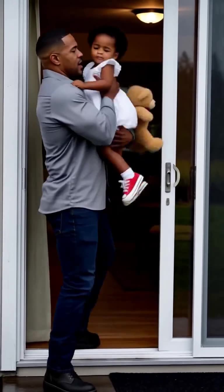 Marcus lifts Lily safely into his arms inside the doorway as she holds her teddy bear.
