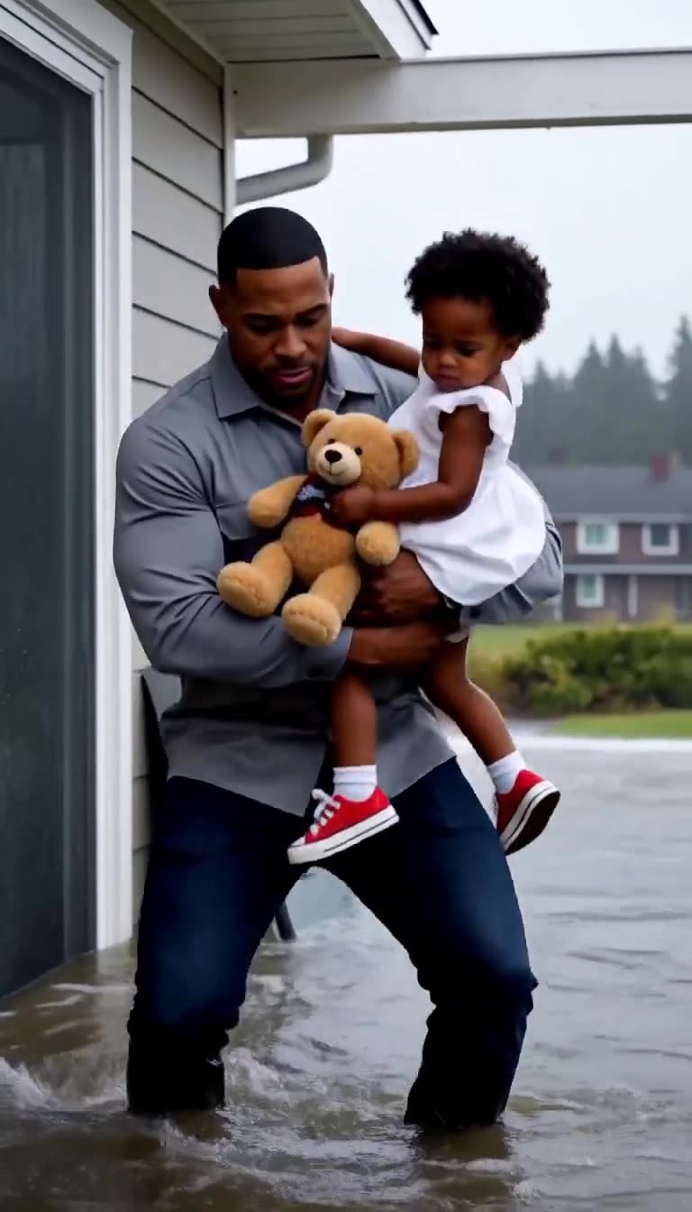 Marcus lifts Lily and her teddy bear high above the encroaching tide on an elevated deck.