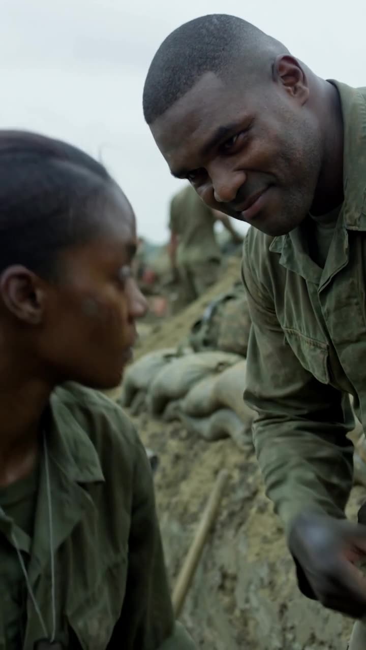 Marcus smirks and points an accusatory finger downward toward Maya at the trench edge.