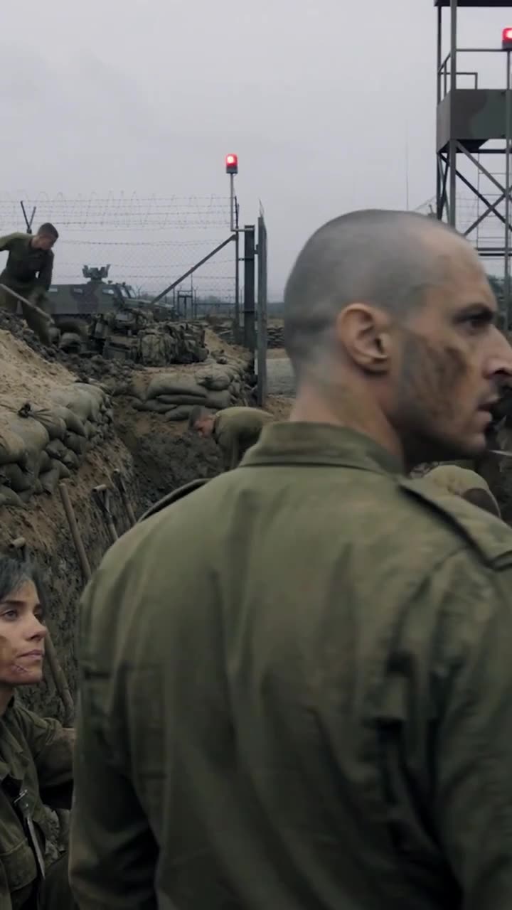 Red emergency lights flash on the watchtower as armored vehicles arrive, while Corporal Clara Vasseur looks up from the ditch.