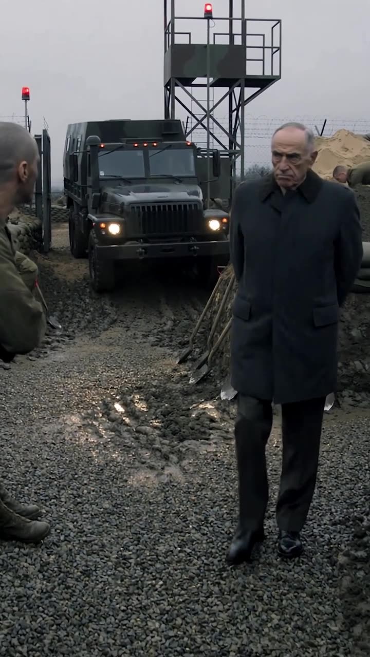 An elderly official in a dark overcoat strides across gravel near an idling transport truck