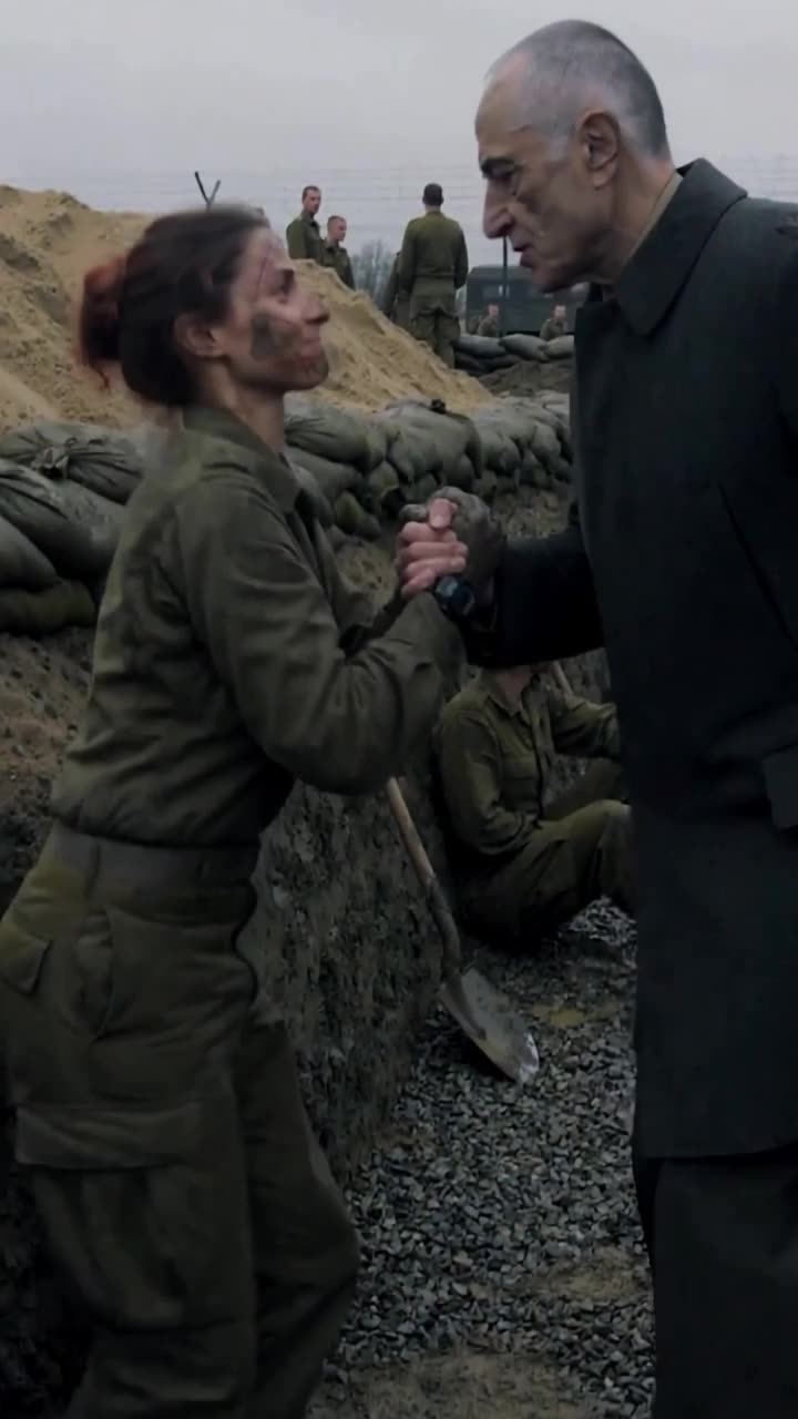 Camille grips Henri's hand as he pulls her upright from the dirt, locking eyes in a tense power shift.