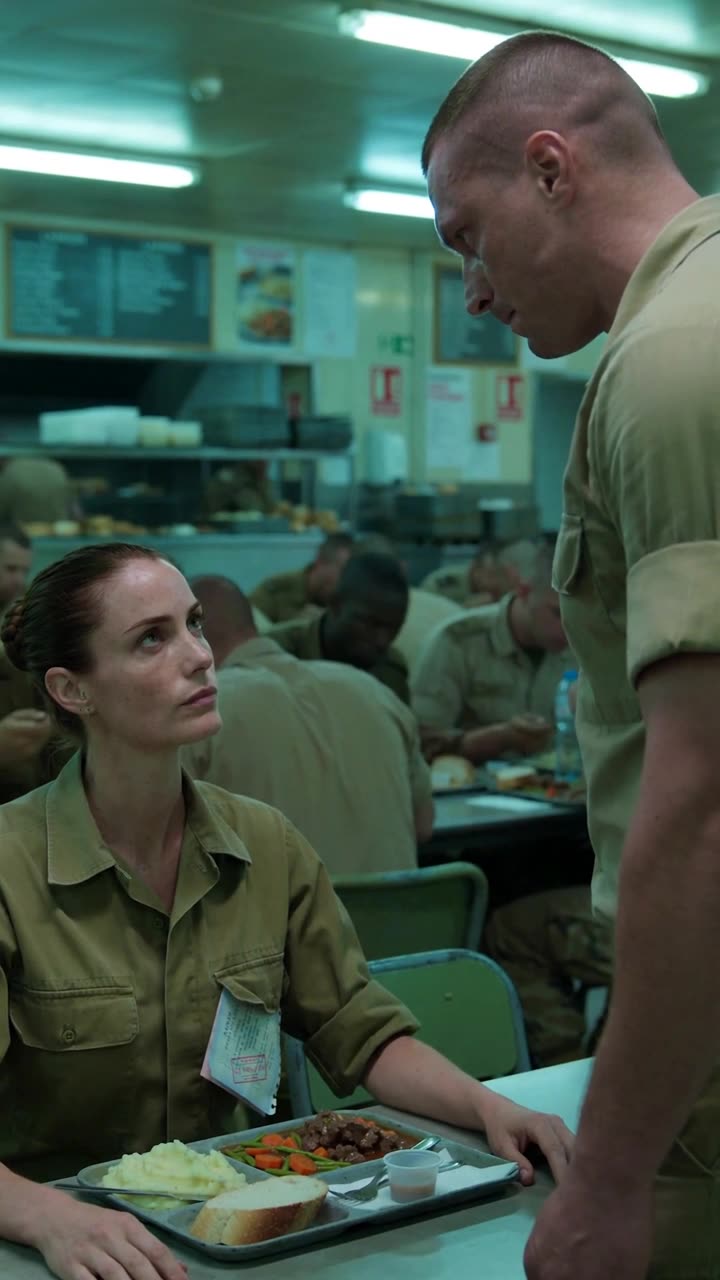 Close-up of Damien staring down at Léa, who remains seated and completely unfazed.