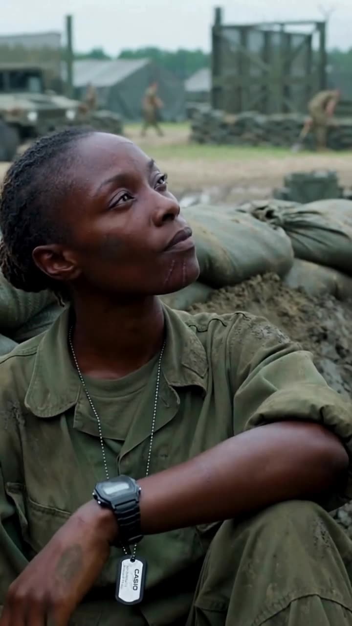 Maya rests her arm on her knee and calmly addresses Marcus from the mud trench