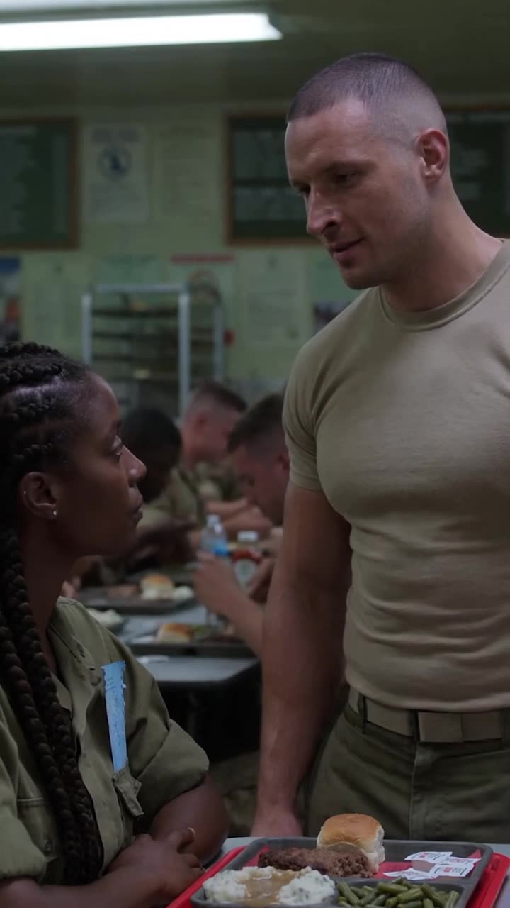 Maya maintains steady eye contact as Derek leans over her tray