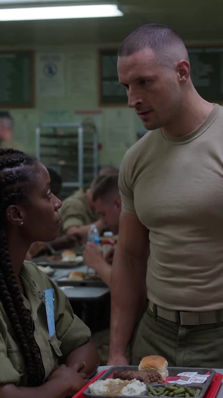 Derek speaks downward to Maya as the mess hall falls silent around them