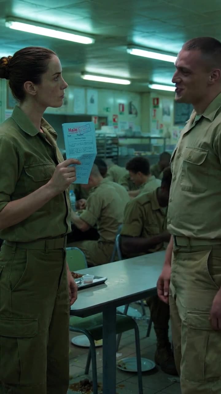 Léa displays the red-stamped military form directly in front of an unsettled Damien.