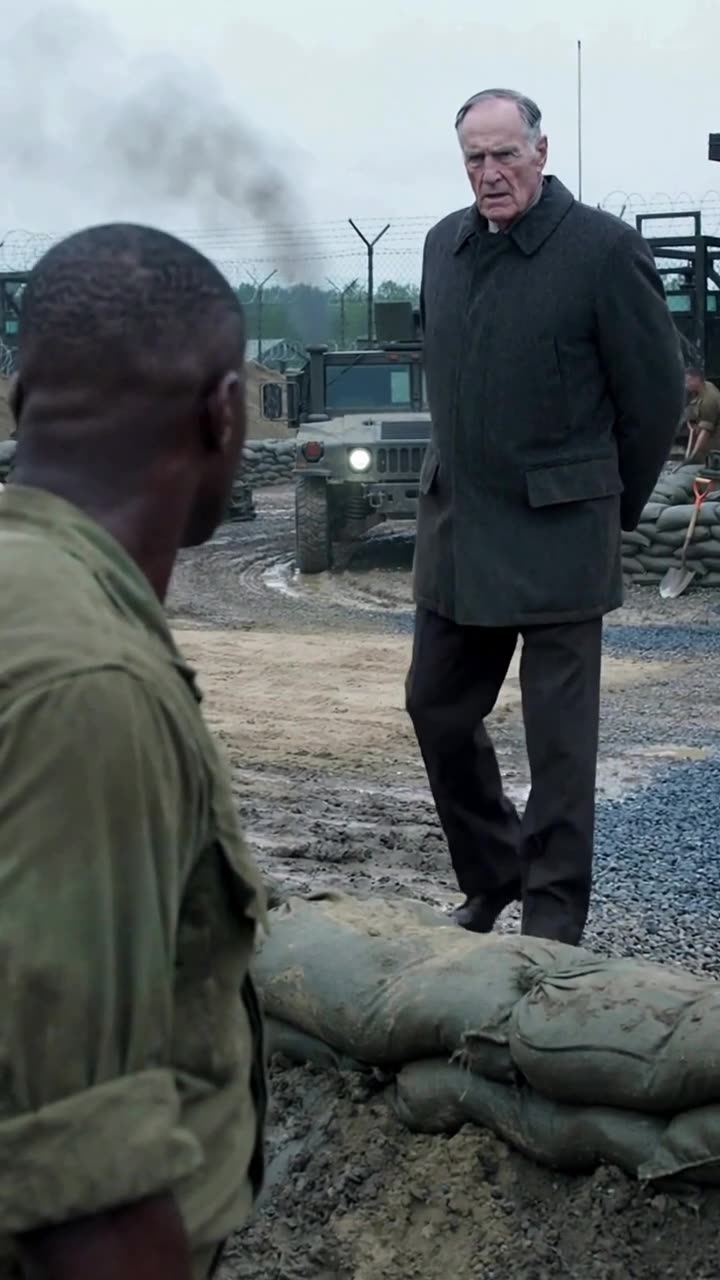 Donald steps out of the black transport vehicle in a dark overcoat