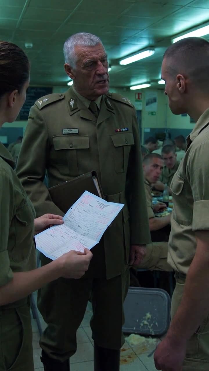 Commander Alain confronting the insubordinate soldier in the middle of the mess hall