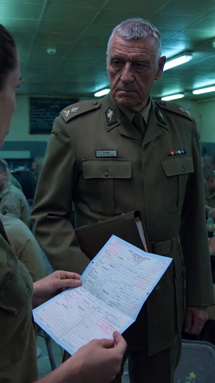 Colonel Alain turns a sharp, scrutinizing gaze toward Léa's steady hands holding the blue military document