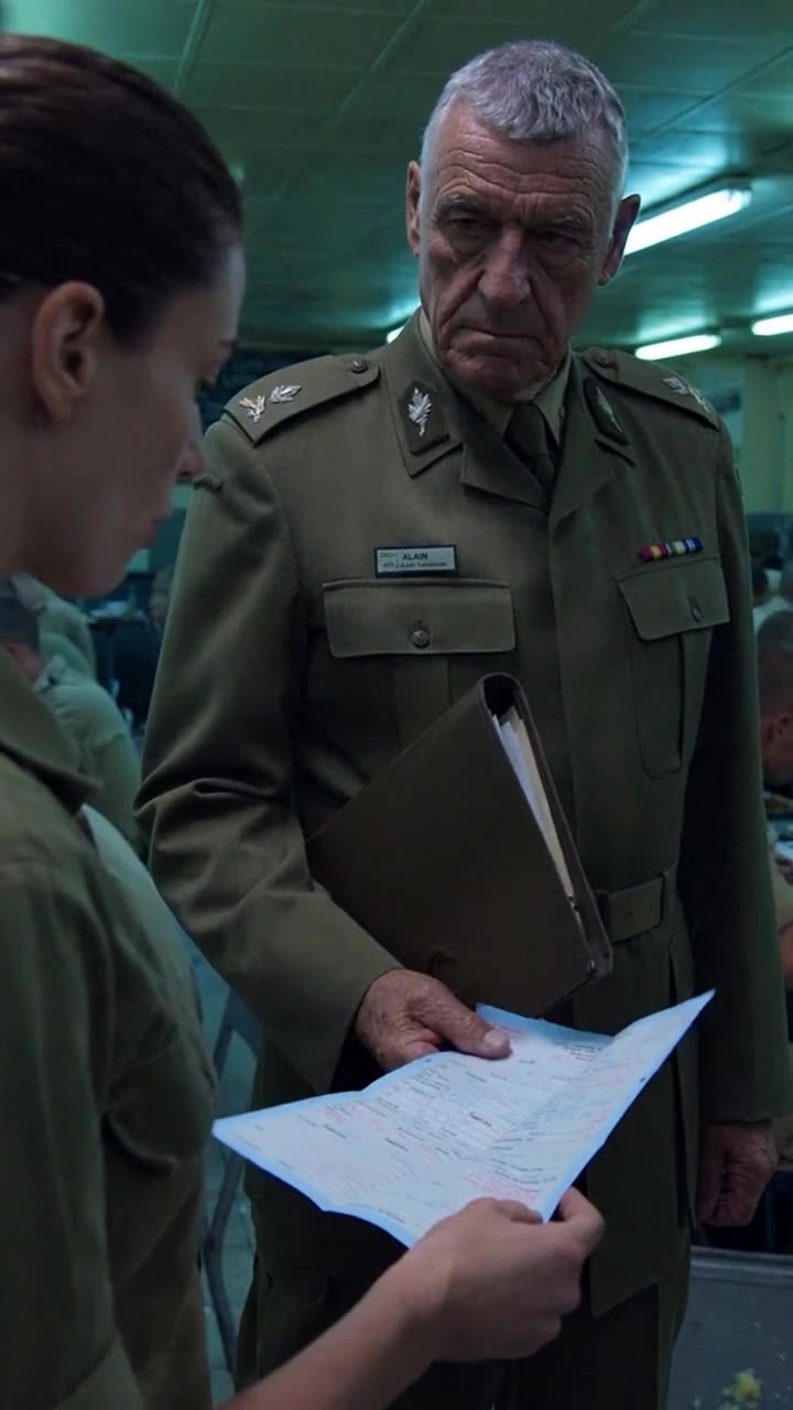 Colonel Alain reaches out to take the certified document handed over by Léa under the mess hall's fluorescent lights