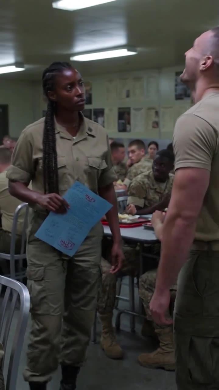 Private Lena Mercer standing firm holding an official blue complaint document in front of Derek Vaughn.