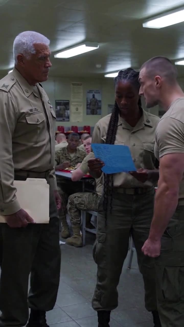 Colonel Marcus Hale reviewing the official complaint with Lena Mercer as Derek Vaughn watches in shock.