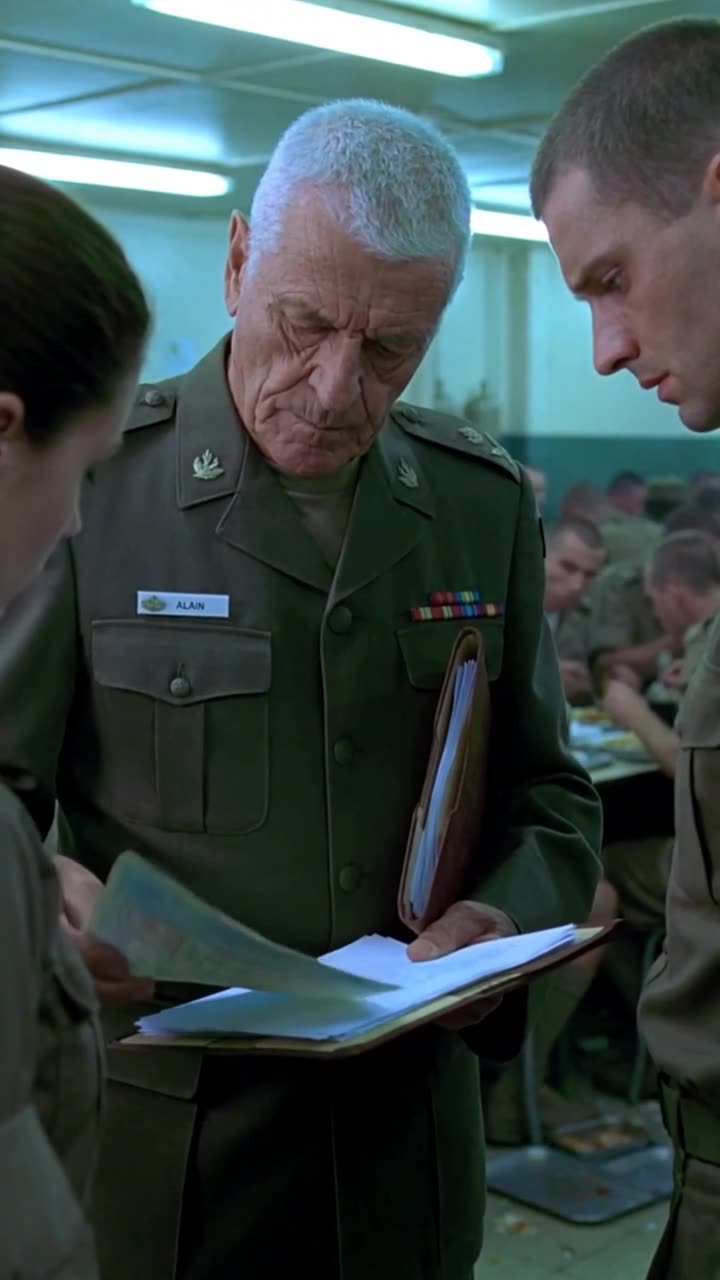 Alain sorts through suppressed complaint forms inside his folder under flat fluorescent barracks lighting.