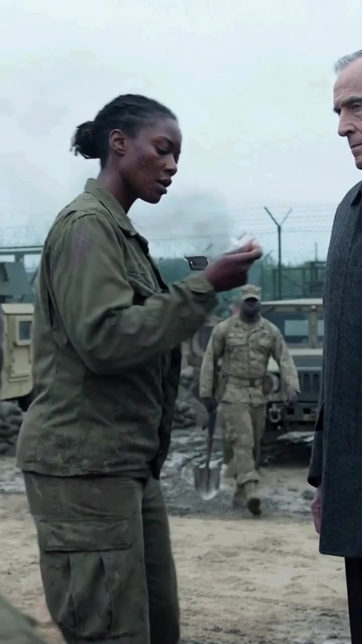 Maya reaches inside her jacket to pull out a metallic identification badge on a chain as a recruit approaches behind.