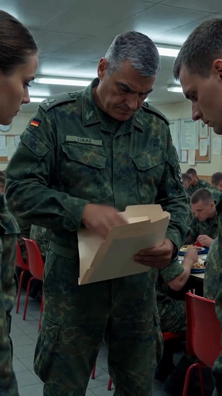 Der Kommandeur prüft die Unterlagen in der Aktenmappe, während die anwesenden Soldaten angespannt zusehen.