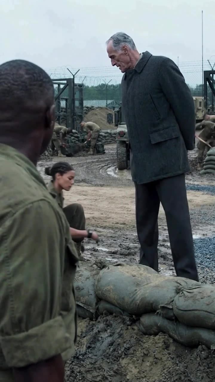 General confronts soldiers beside sandbags while a female specialist crouches in the trench