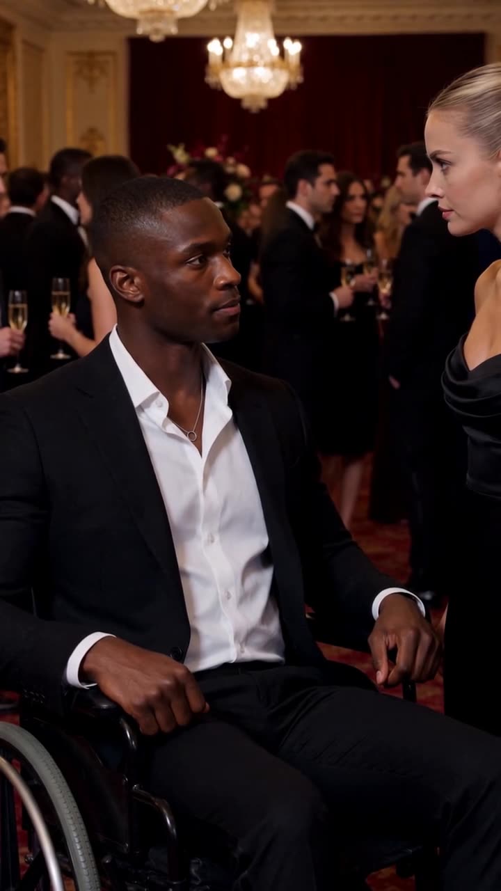 Vanessa turning to face Lucas directly as he commands her attention amid the crowded gala