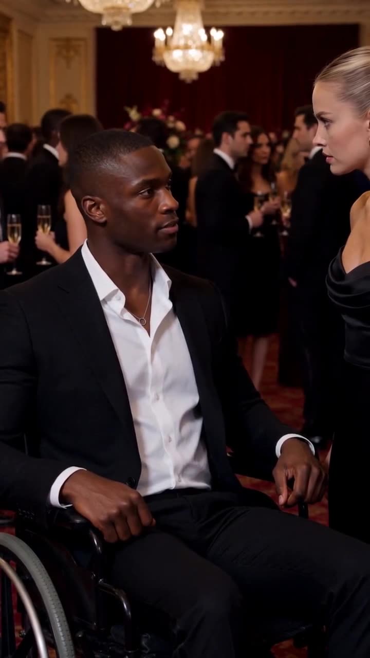 A groom in a wheelchair observing the dramatic altercation during his wedding