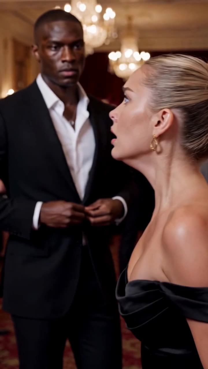 Vanessa stares in open-mouthed shock as Lucas buttons his suit jacket in front of her.