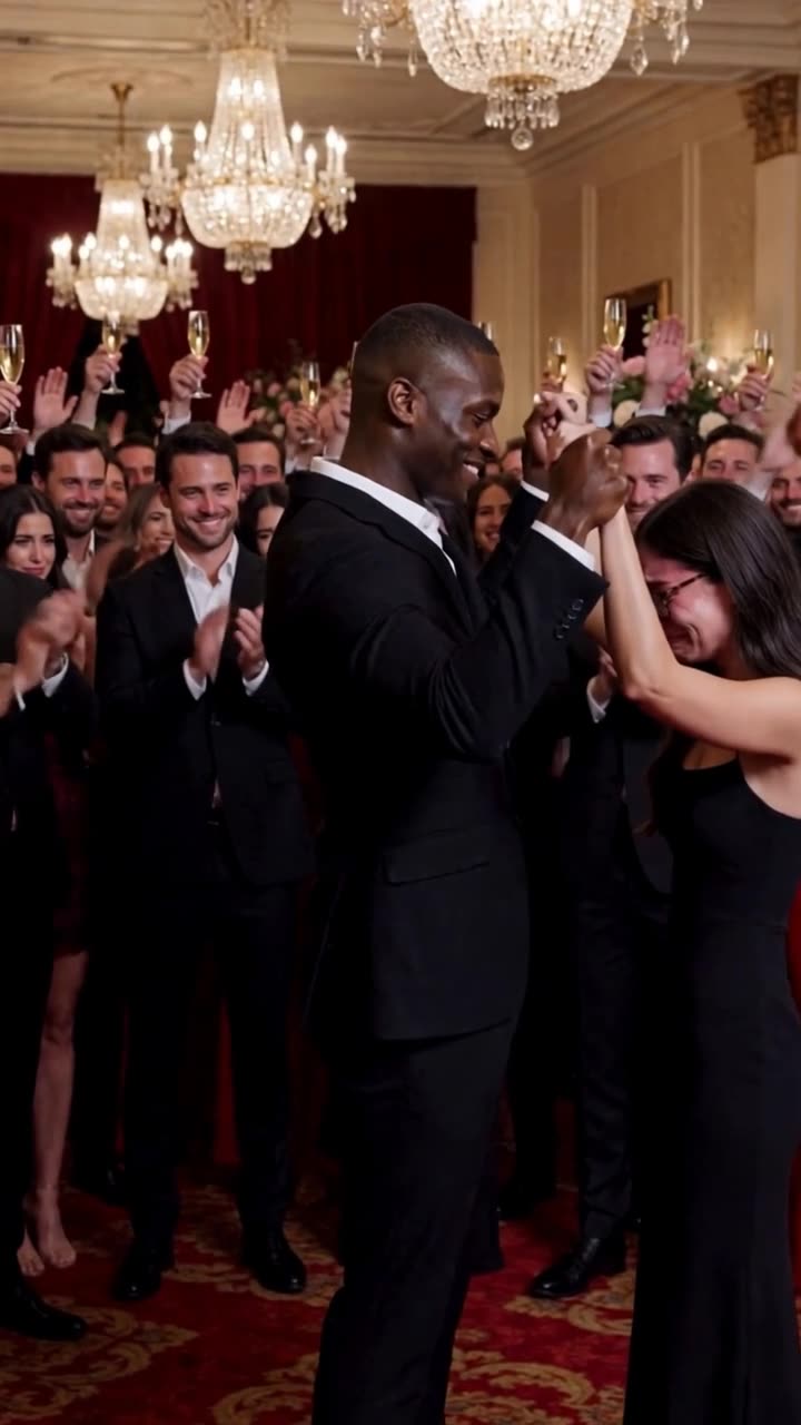 Lucas raises Clara's joined hands in triumph amid roaring applause and raised glasses
