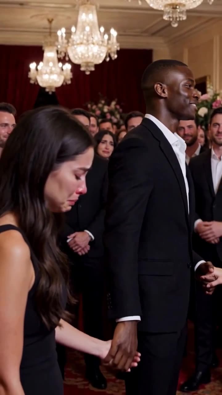 Christian holds Clara's hand protectively as she weeps with relief before the stunned crowd.