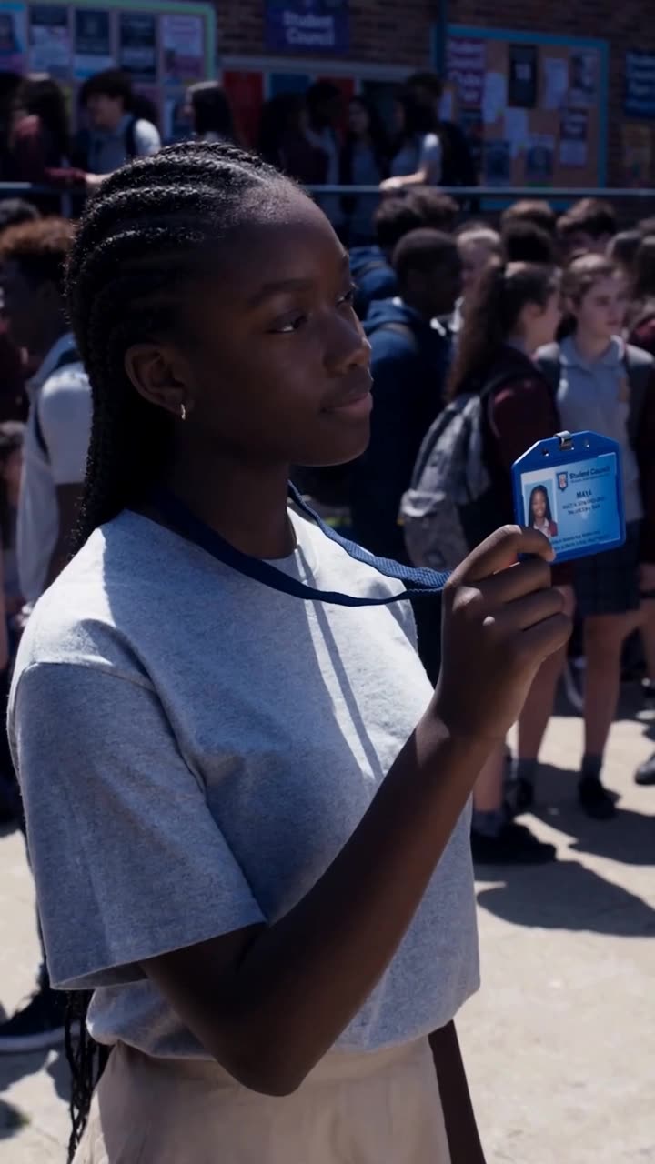 Maya holds up her student council ID badge toward Chad during a tense confrontation