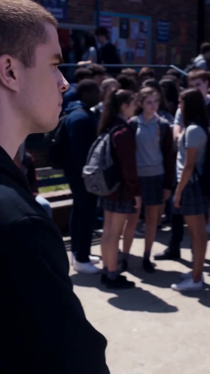 Chad stands stunned in profile as Maya walks past him through the crowded schoolyard
