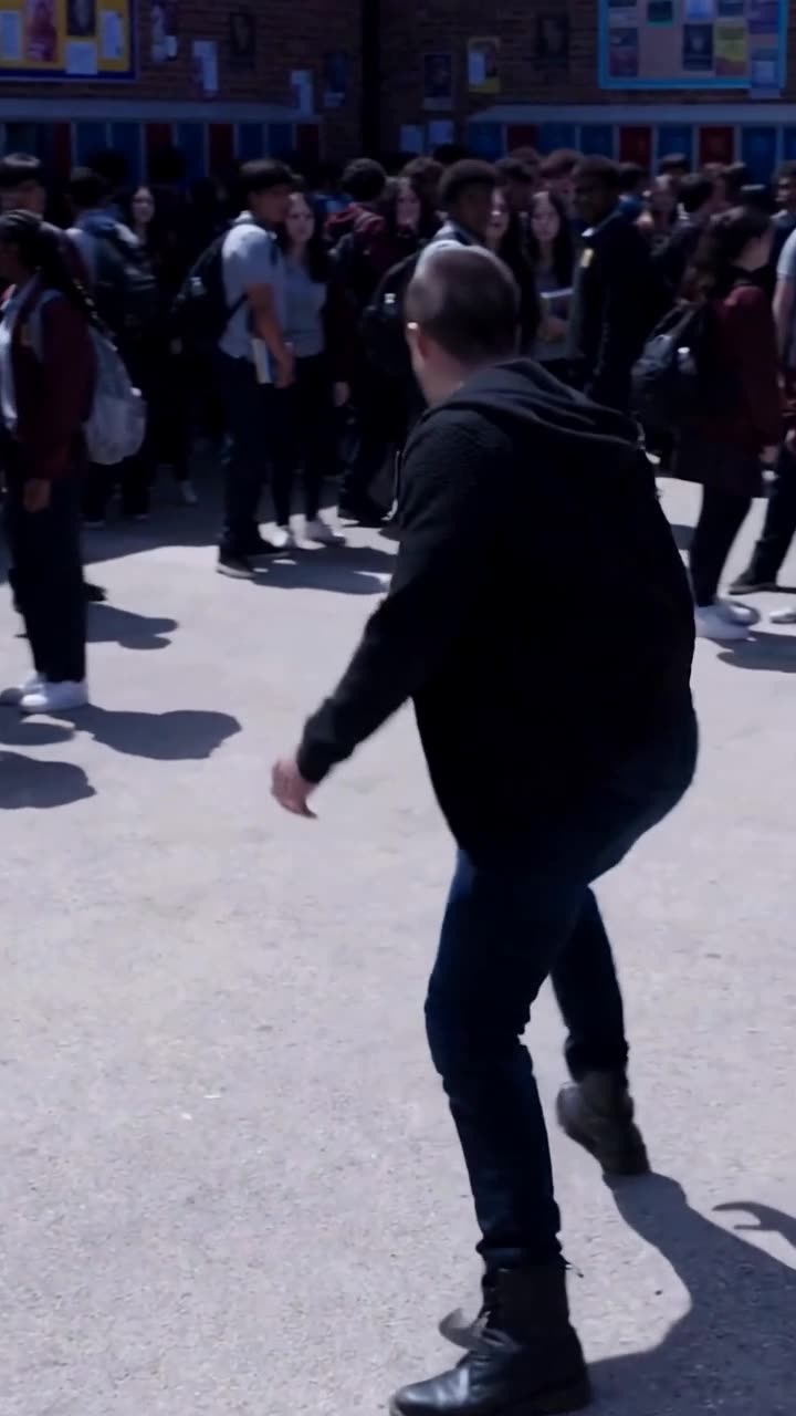 Chad stumbling off-balance across the asphalt after Maya cleanly steps aside