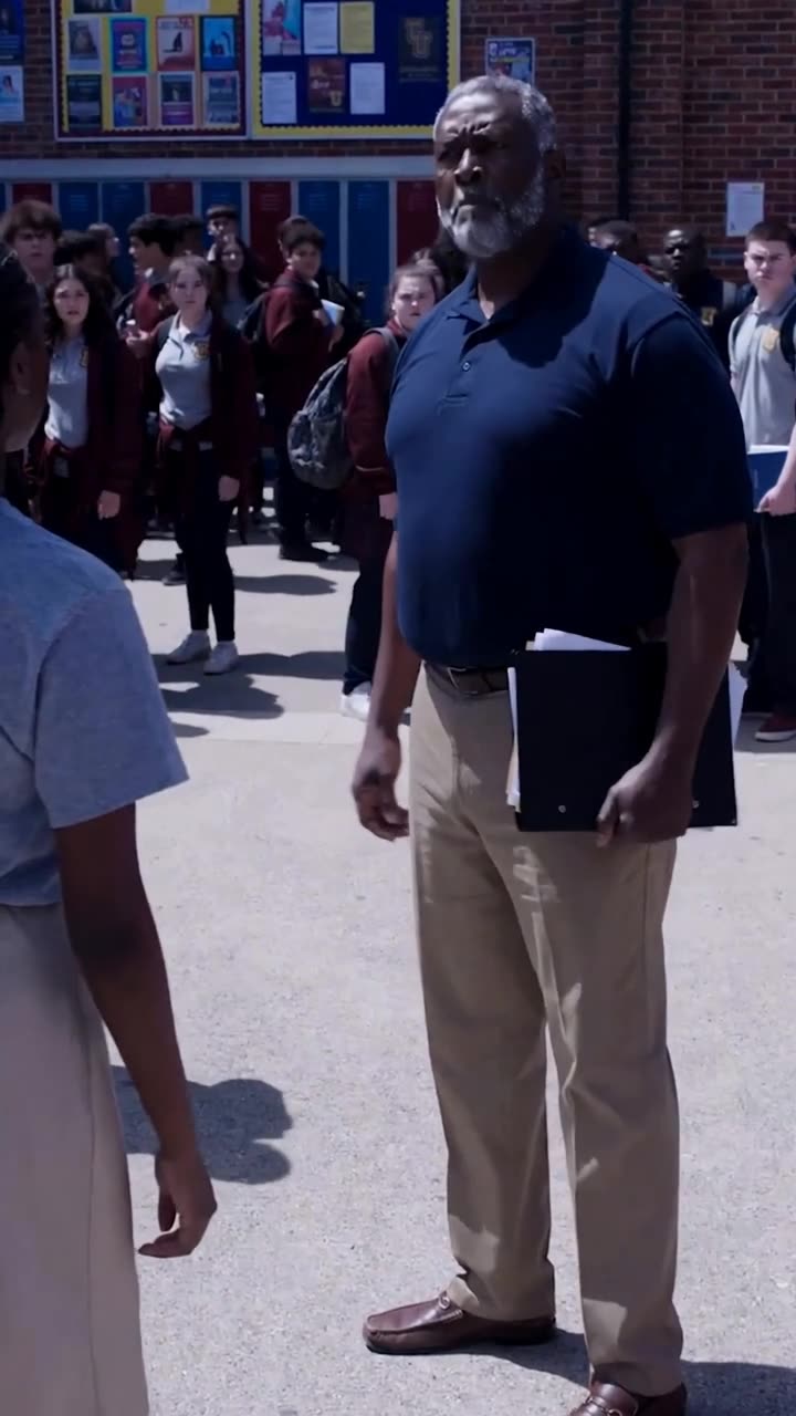 Administrator David holding a black folder and confronting the aggressive student