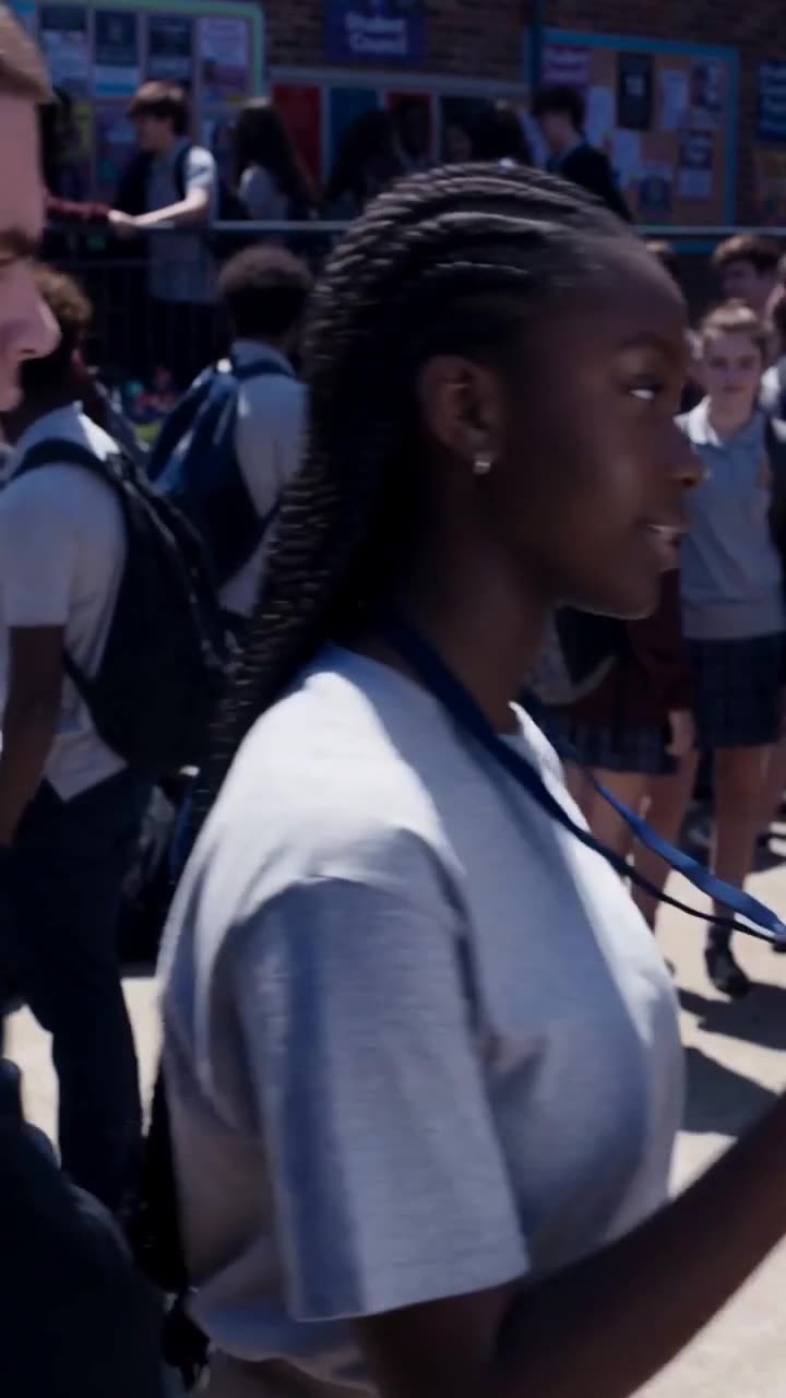 A female student with braids turns and walks away indifferently through the crowded school courtyard.