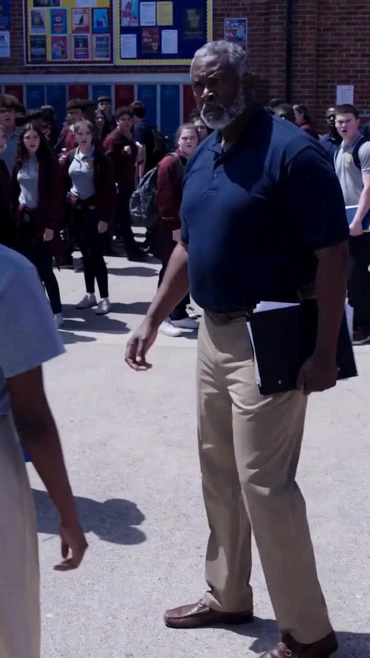 A stern, imposing school official carrying a binder approaches the scene with a formidable presence.
