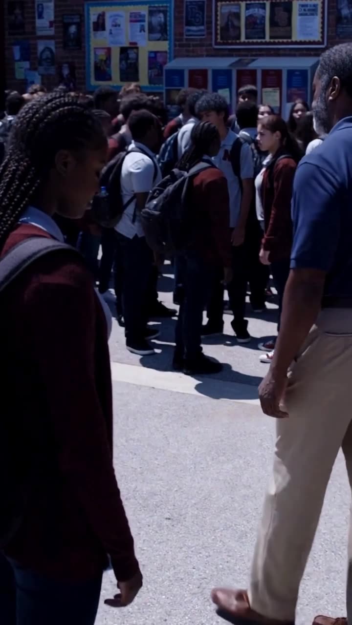 Chad walks away defeated across the sunny courtyard as Maya and David watch him leave.